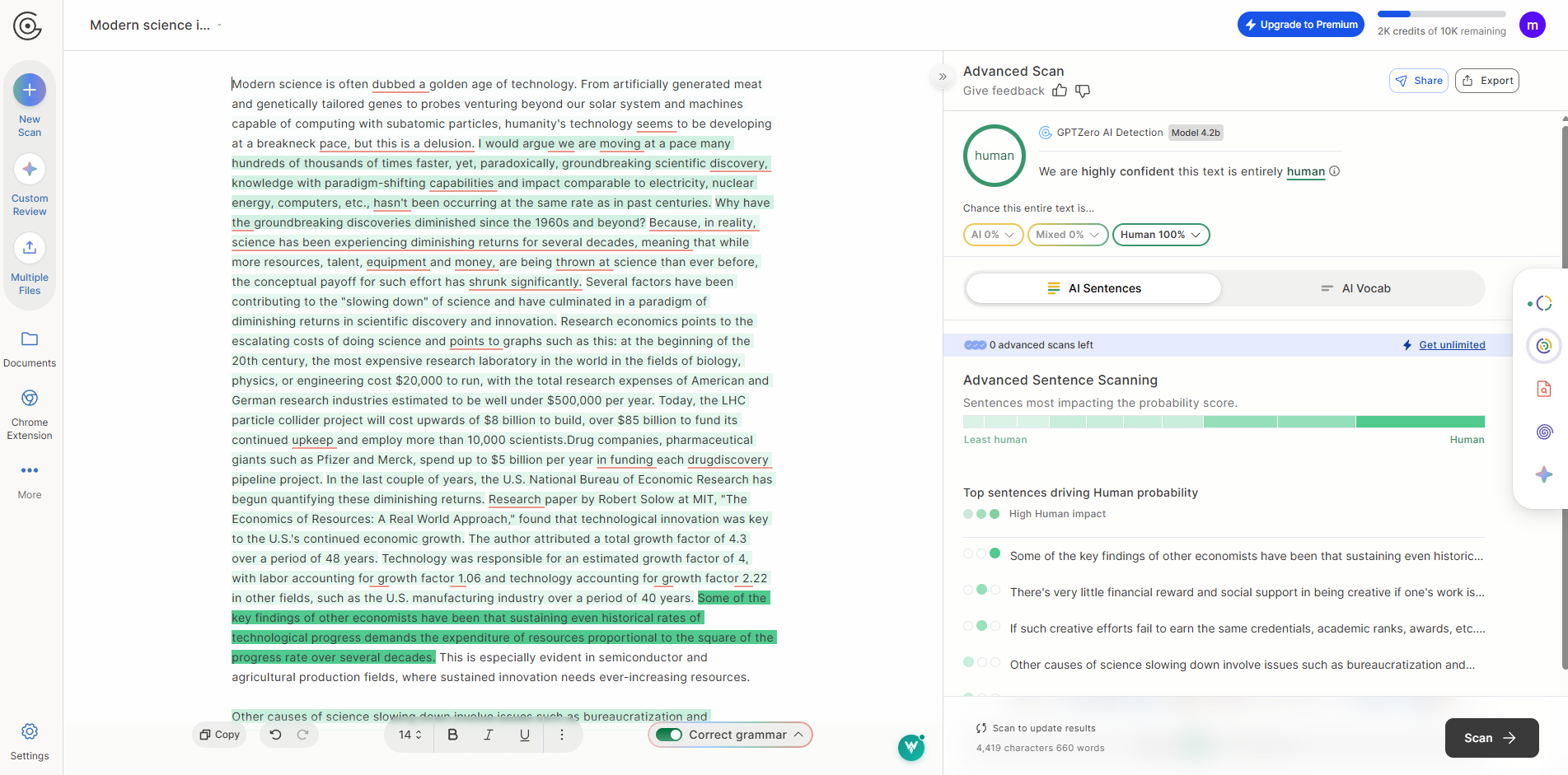 GPTZero classifying a Kinprose passage as human-written